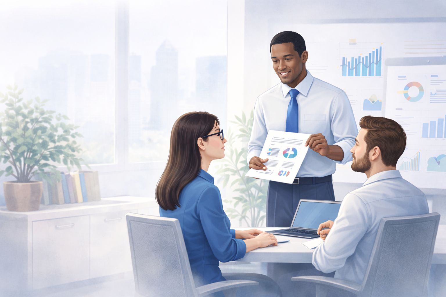 A happy family sitting in their new home smiling